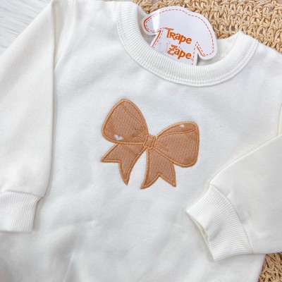 Conj. Casaco de Moletom Laço e Calça Legging Corações - Areia e Off White